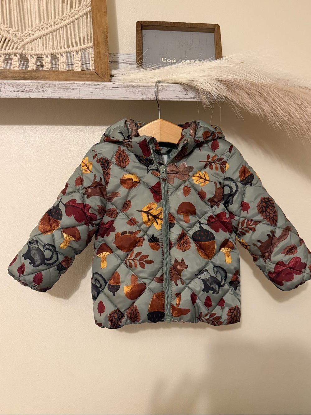 H&M Baby Woodland Wildlife Puffer Jacket Quilted Green 18M